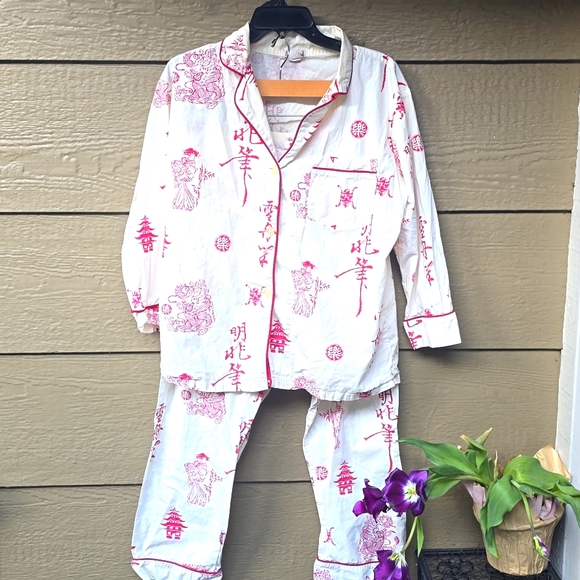 Bedhead white red Asian print button-down pajama set cotton small S - Picture 1 of 9